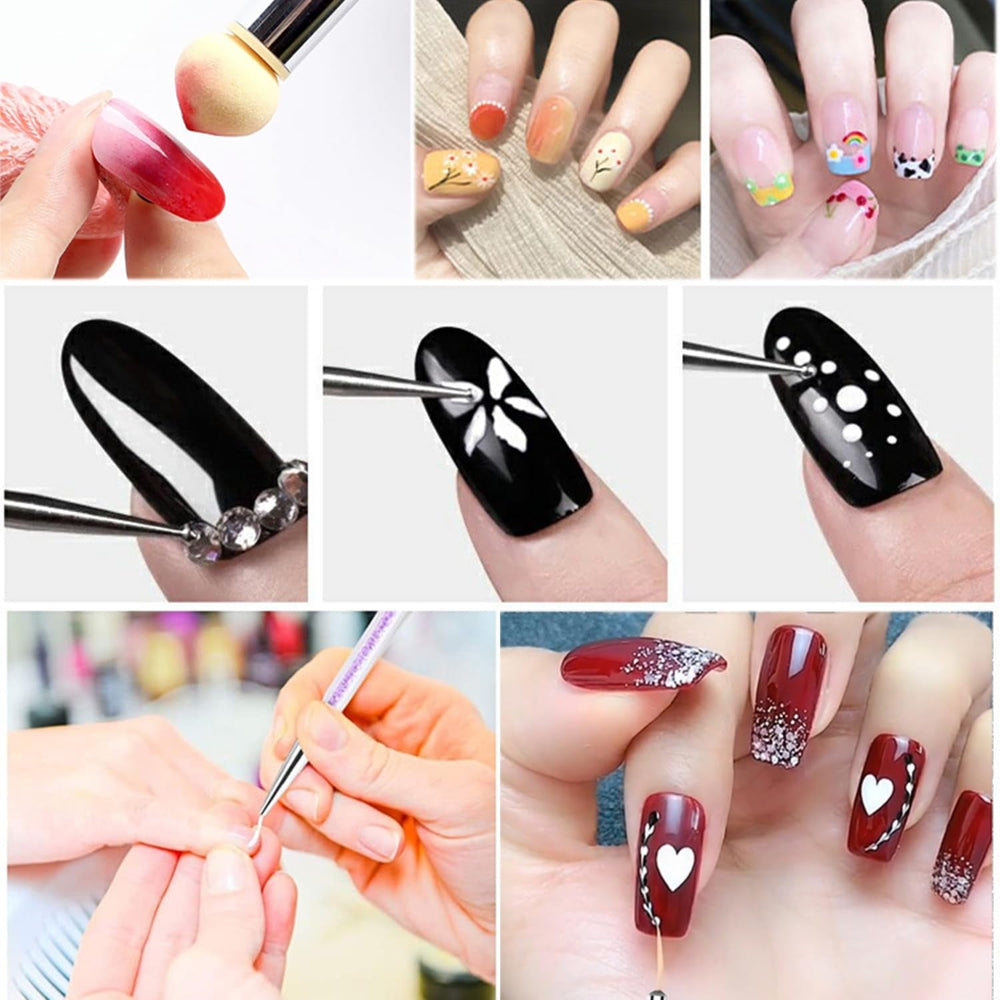 6 pcs Nagel Pinsel Set, Double Fin Nageldesign Pinsel, Acrylique Nail Art Pinsel Set Nail Art Liner Pinsel Dotting Tool pour DIY Nail Art Design (Mit 1 Schwammbürste)