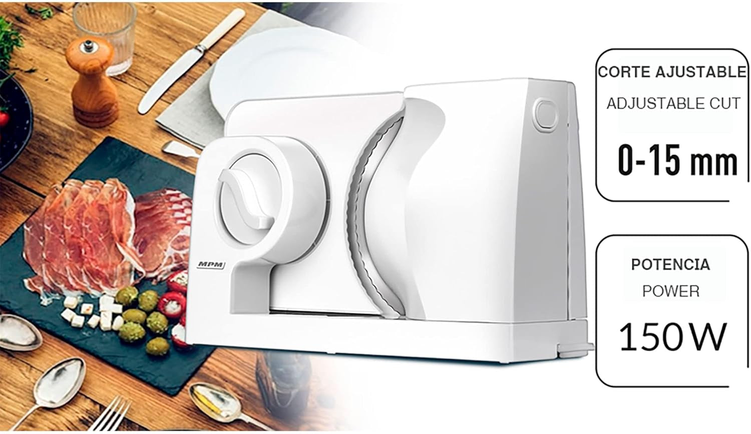 Trancheuse électrique universelle MPM MKR-05, épaisseur de coupe réglable jusqu'à 15 mm, 150 W Broyeurs et trancheurs Naty Shop