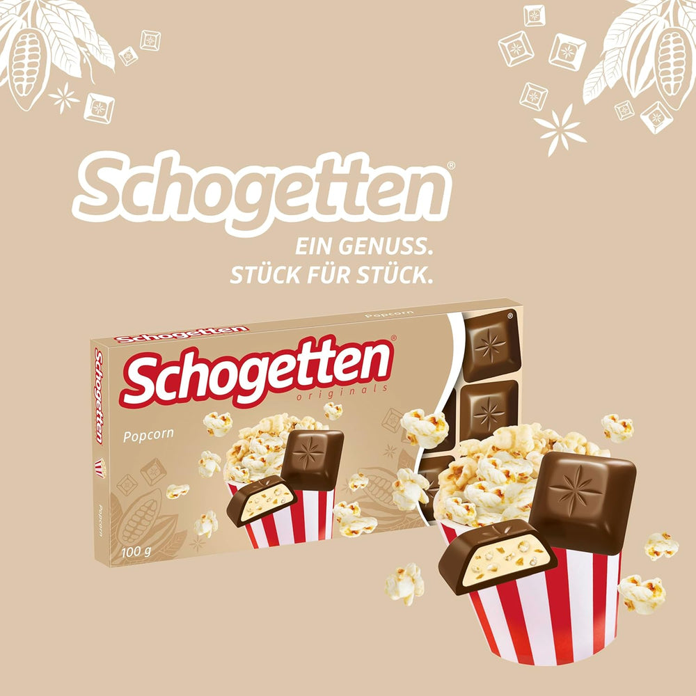 Popcorn Schogetten 1 barre de chocolat x 100g, chocolat au lait avec popcorn et morceaux de maïs, morceaux individuels pratiques. Un délice. Pièce par pièce.