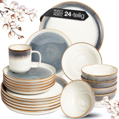 Moritz & Moritz TARENTO Service de table 24 pièces pour 6 personnes, gris – Service d'assiettes élégant en grès de haute qualité – Le service de table comprend 6 assiettes plates, 6 assiettes à dessert, 6 assiettes plates et 6 tasses.