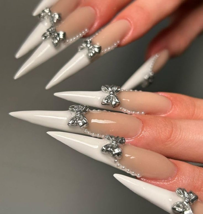 Moonglow longs ongles Stiletto laiteux blanc rose dégradé paillettes Cool faux ongles avec colle rose Ombre paillettes ongles artificiels