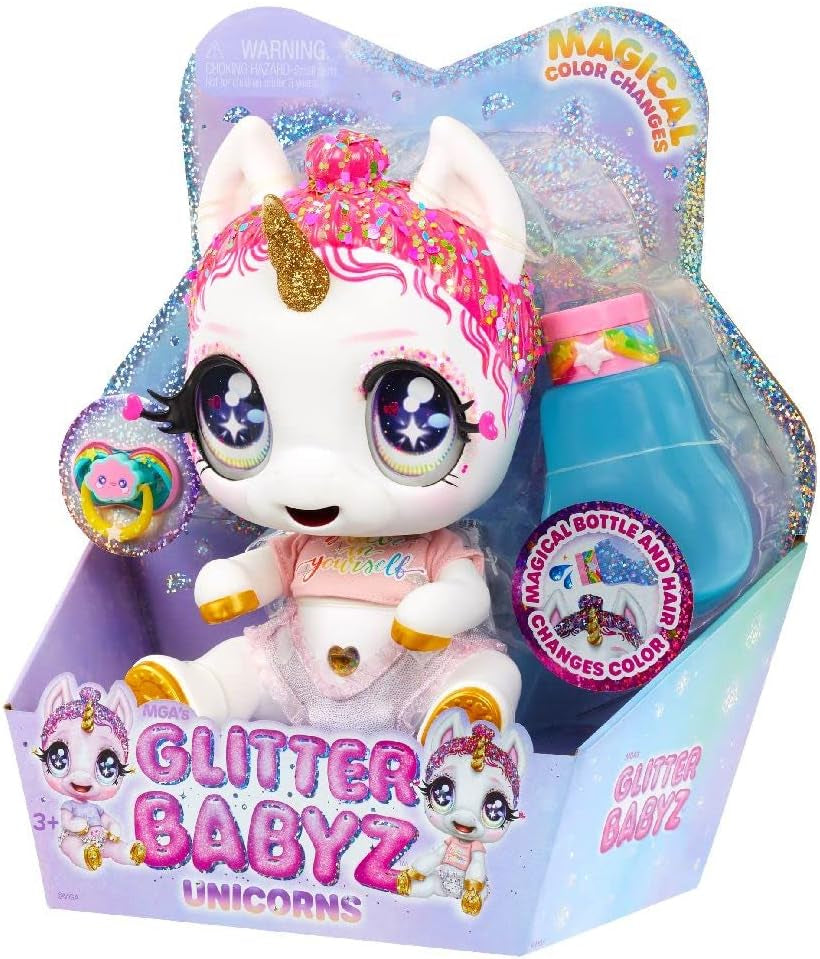 Glitter Babyz MGA Einhorn Baby-Puppe - LUNITA Sky - Mit magischen Farbwechseln, rosa Glitzerhaar, Believe in Yourself Outfit, Windel, Shampoo-Flasche & Schnuller - Für Kinder ab 3 Jahren