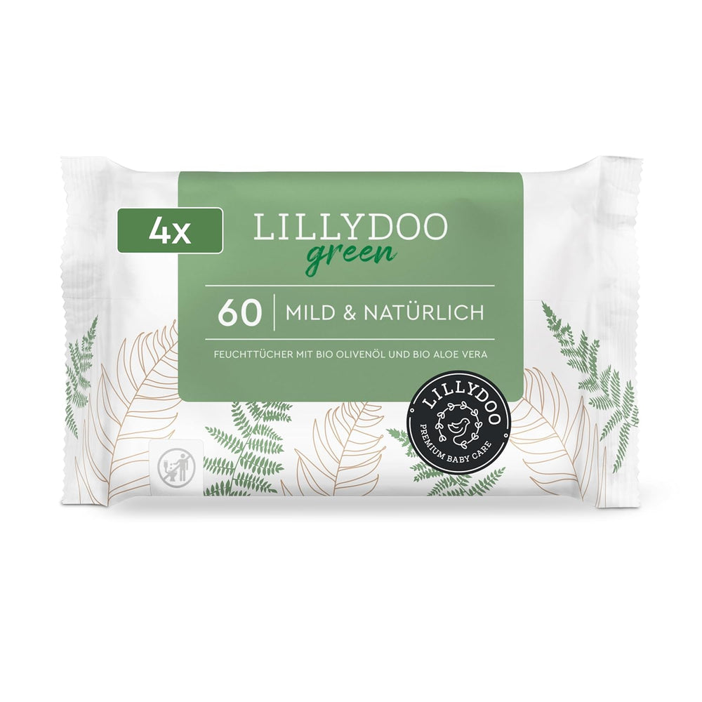 LILLYDOO Lingettes humides vertes, 600 unités (10 x 60), 100 % sans plastique, résistantes aux déchirures – Sans parfum, douces et naturelles, nettoyage doux pour les peaux sensibles, testées dermatologiquement