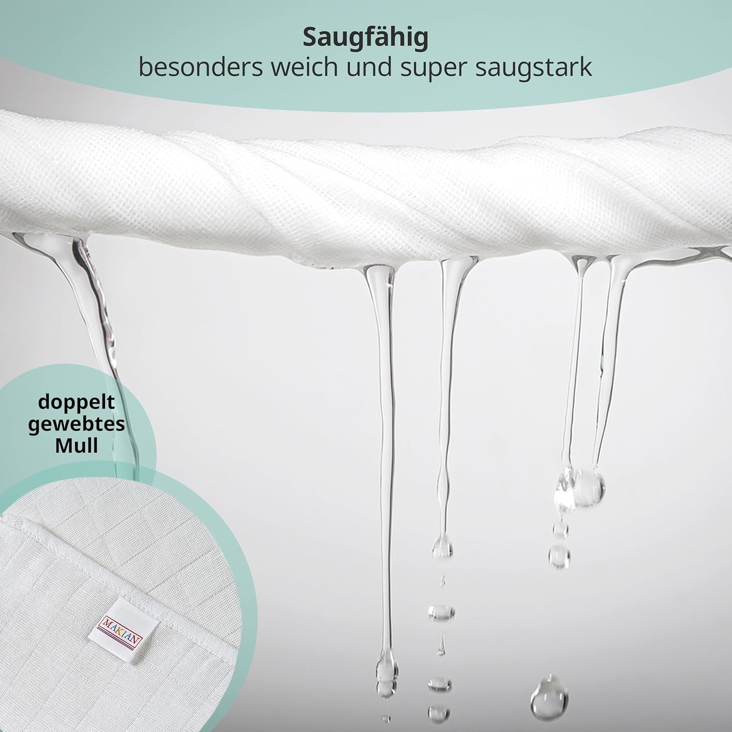 MAKIAN Carrés de Mousseline, Paquet de 10, 80x80cm, Certifié Oeko-TEX® Standard 100, 10 Chiffons Premium - Carrés de Tissu Double Tissé / Carrés de Mousseline, Résistant à l'ébullition - Blanc