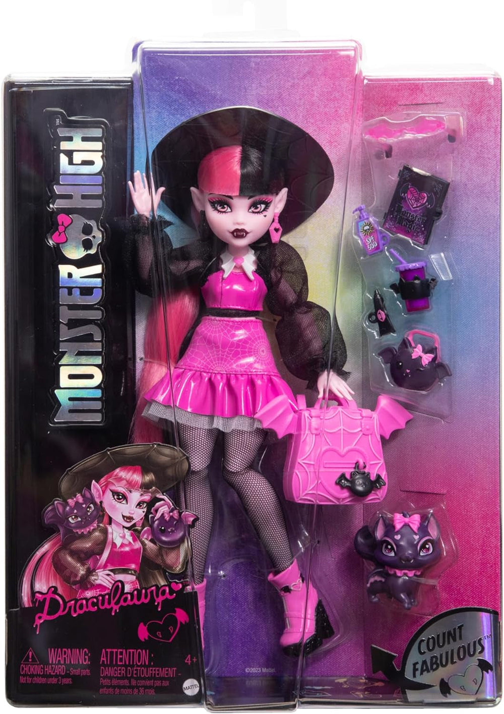 Poupée Monster High Draculaura avec son animal de compagnie Count Fabulous, chat chauve-souris et accessoires tels que sac à dos, livre de sorts, boîte à bento et plus encore, HRP64 Naty Shop Dolls