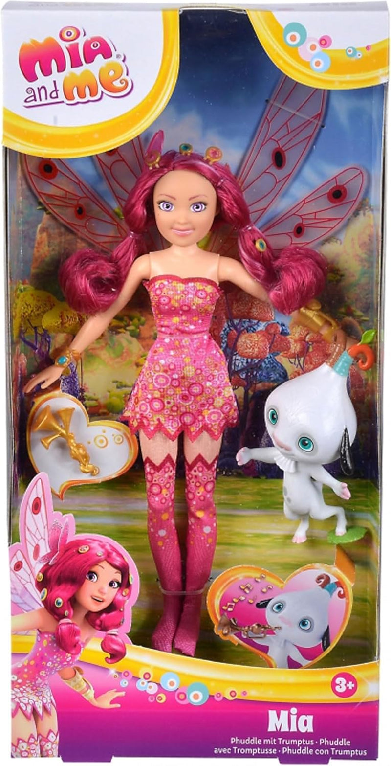 Simba 109483042 Poupée Mia and Me, Phuddle avec Trumptus, Elfe avec ailes et jambes mobiles, 6 pinces à cheveux, 2 bracelets, à partir de 3 ans, multicolore, 23 cm