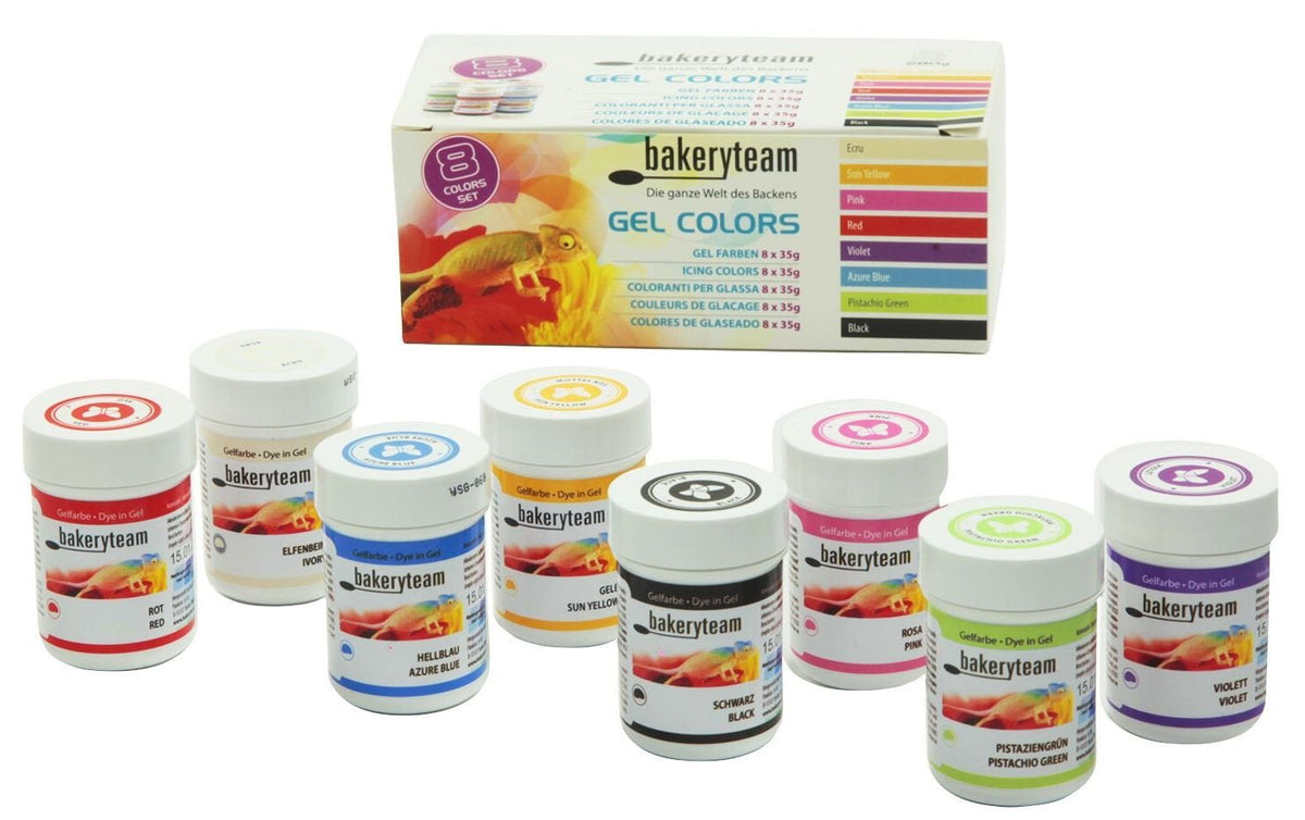 Colorants alimentaires en gel Bakeryteam pour fondant, pâte d'amande, cupcake, crème, gâteau, tourte, crème glacée, set (8 x 35g)