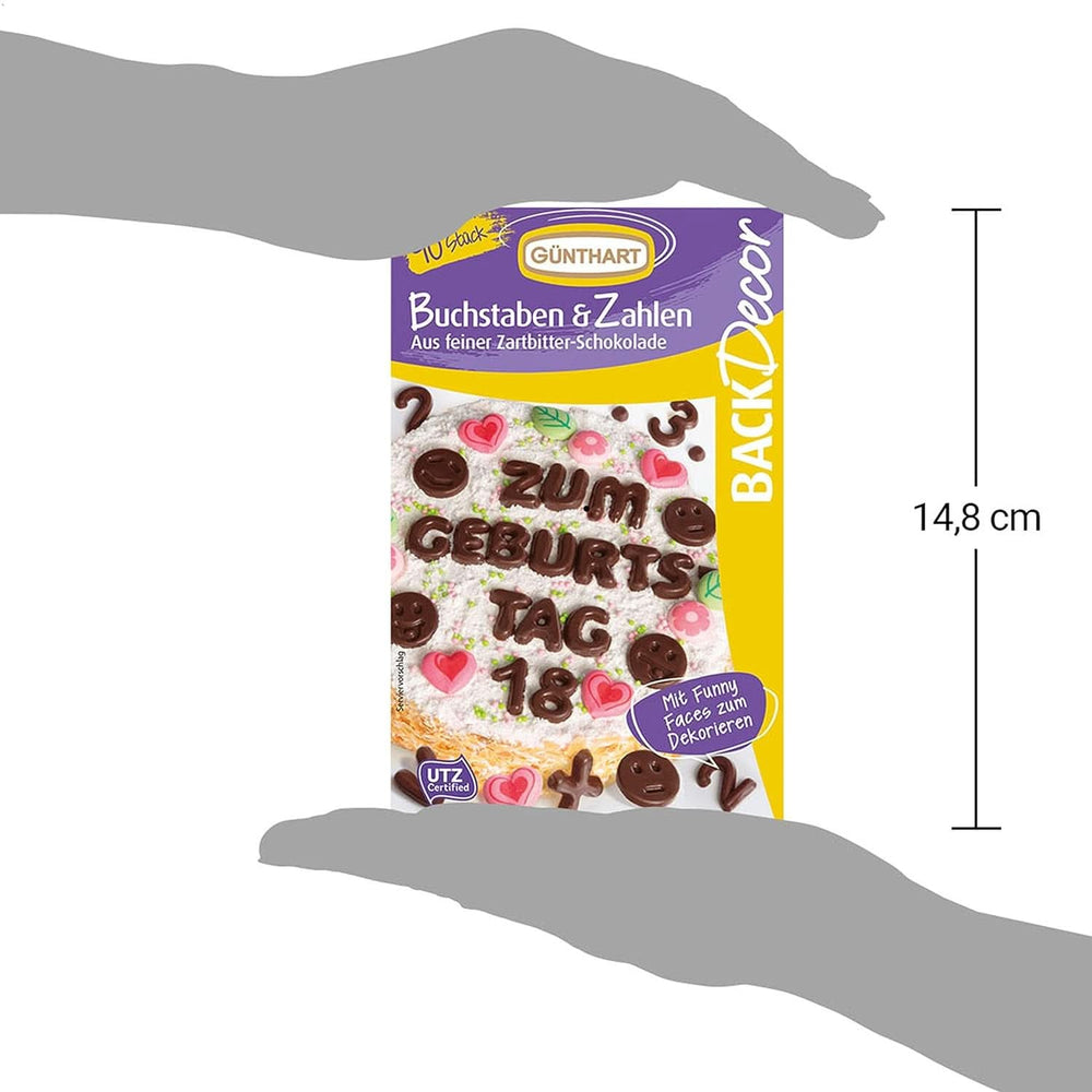Günthart Backdecor, 90 pièces lettres, alphabet et chiffres en chocolat noir fin, 47 grammes Naty Shop