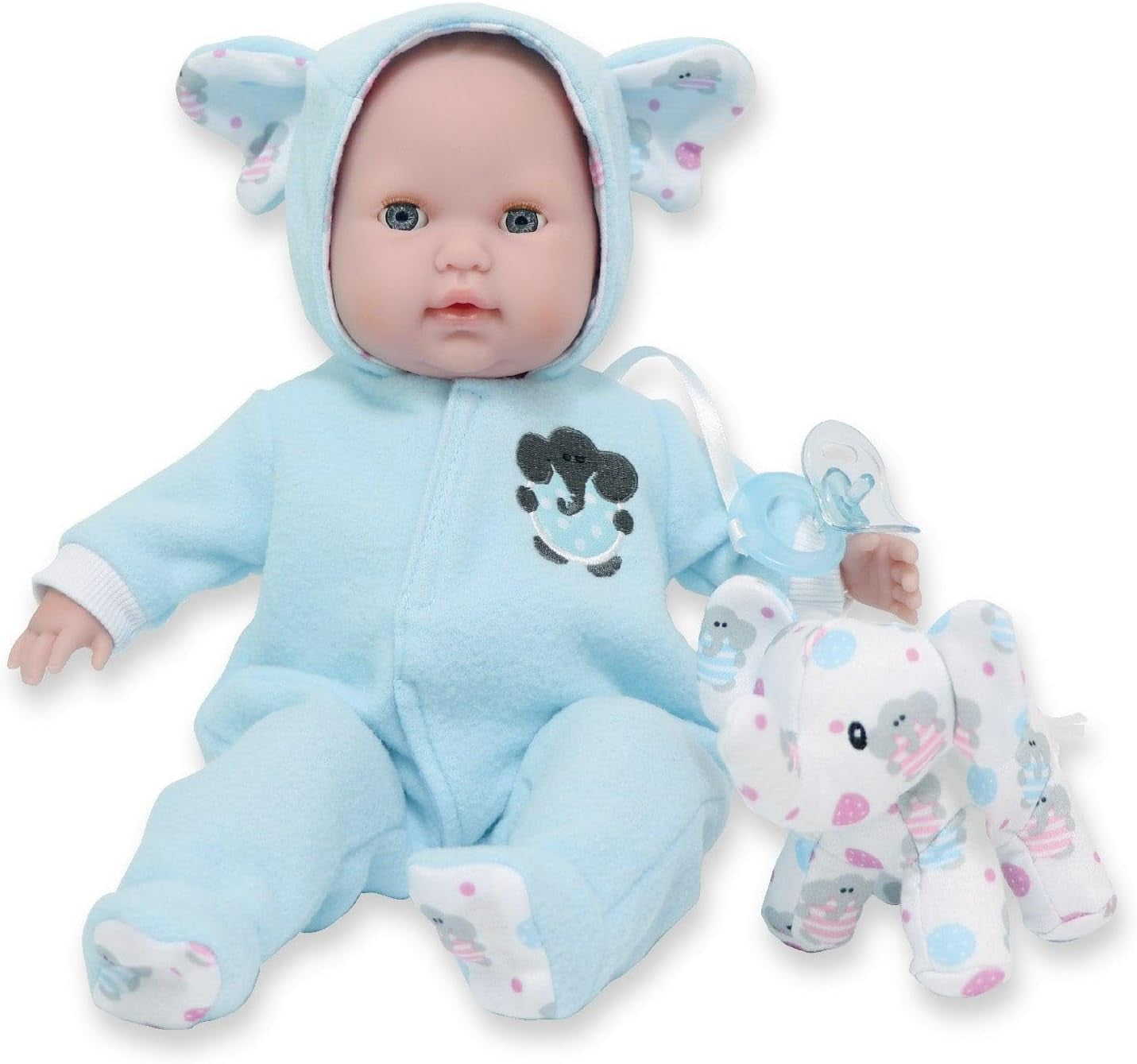 38 cm große realistische Babystoffpuppe mit offenen/geschlossenen Augen | JC Toys - Berenguer Boutique | 10-teiliges Geschenkset mit Flasche, Rassel, Schnuller & Zubehör | Blau | ab 2 Jahren.