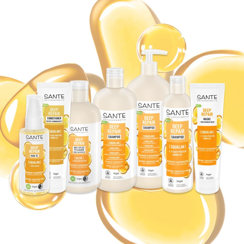 SANTE Natural Cosmetics Deep Repair Mask Squalane + 3x complexe protéique, masque capillaire végétalien pour une hydratation intense et des cheveux souples, répare et régénère les cheveux abîmés, 150 ml Naty Shop Hair Mask