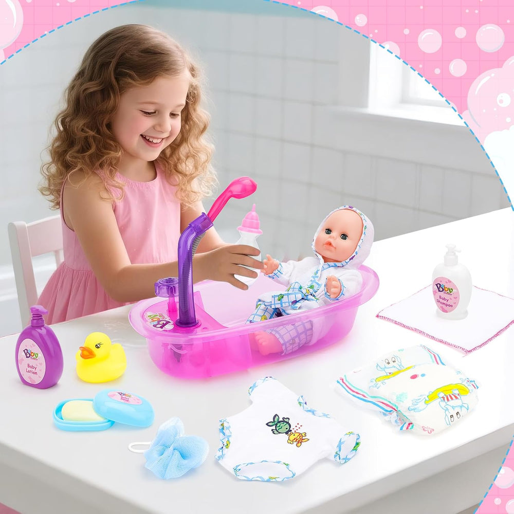 deAO Ensemble de Baignoire pour Poupée, Poupée Interactive de 33 cm, Bain de Poupée, Ensemble de Jeu pour Poupée avec Tétine, Vêtements de Poupée, Peignoir, Couches de Poupée, Baignoire et Douchette Fonctionnelle