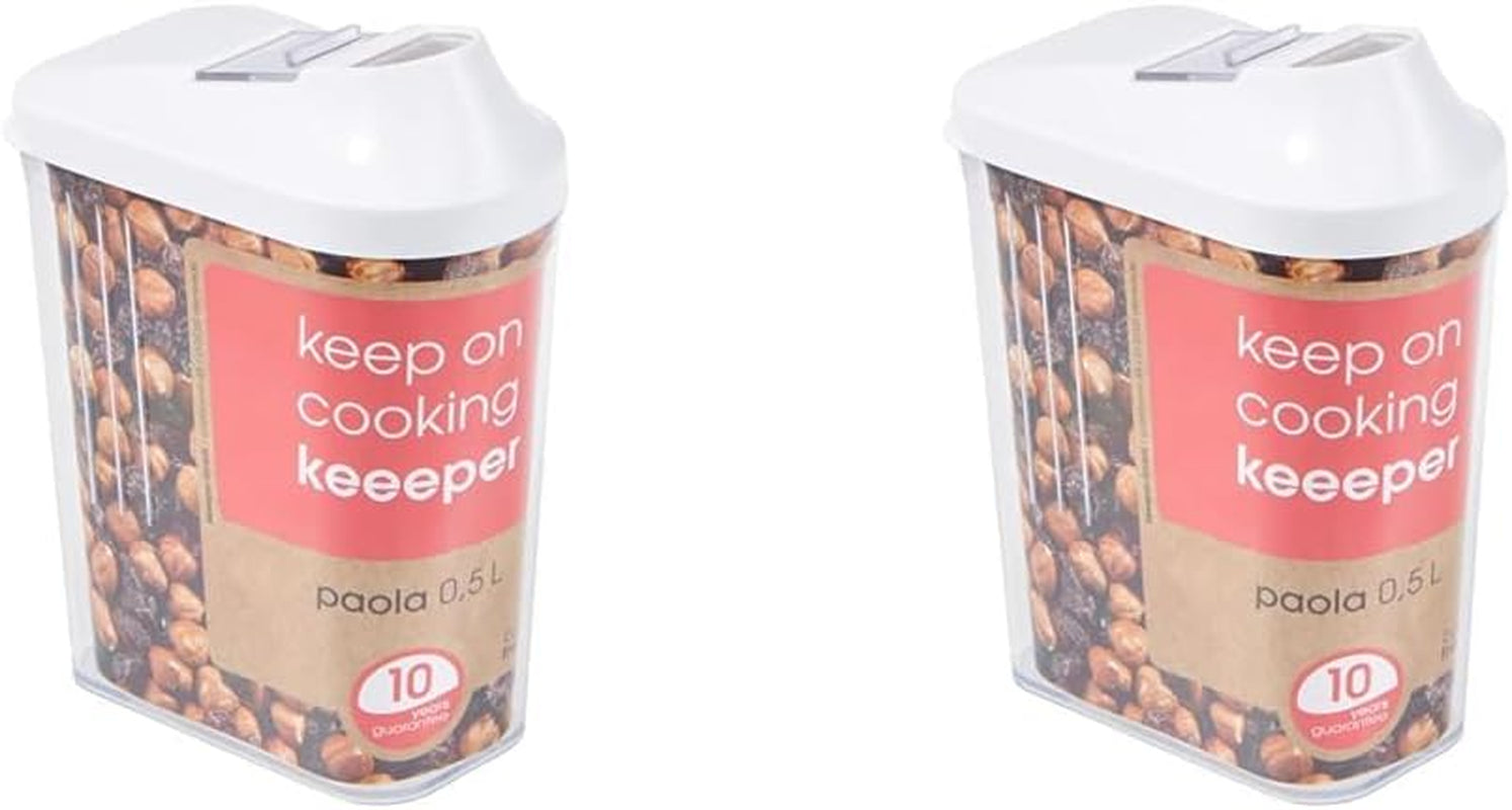 boîte verseuse keeeper pour fournitures sèches, couvercle doseur réglable en continu, plastique, 500 ml, 8 x 4,5 x 15 cm, Paola, blanc Naty Shop boîtes de conservation alimentaire 500 ml (paquet de 2)