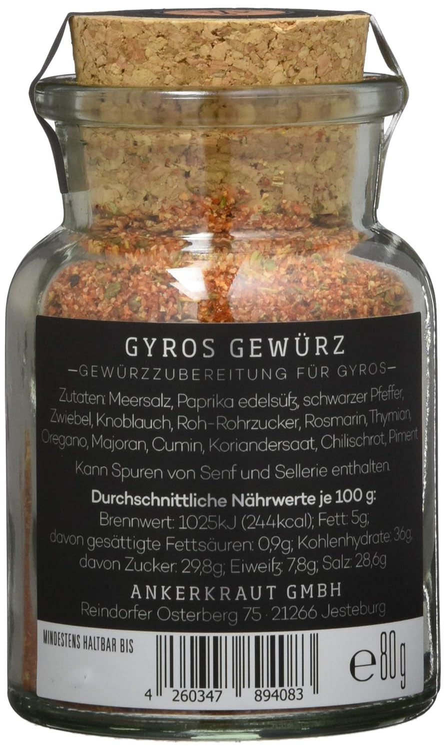 Ankerkraut Gyros, Gewürzmischung für Gyros, également sur la Pfanne ou sur le Grill, avec Zwiebel, Knoblauch, Marjolaine, Cumin, Piment et plus, 80 g dans Korkenglas