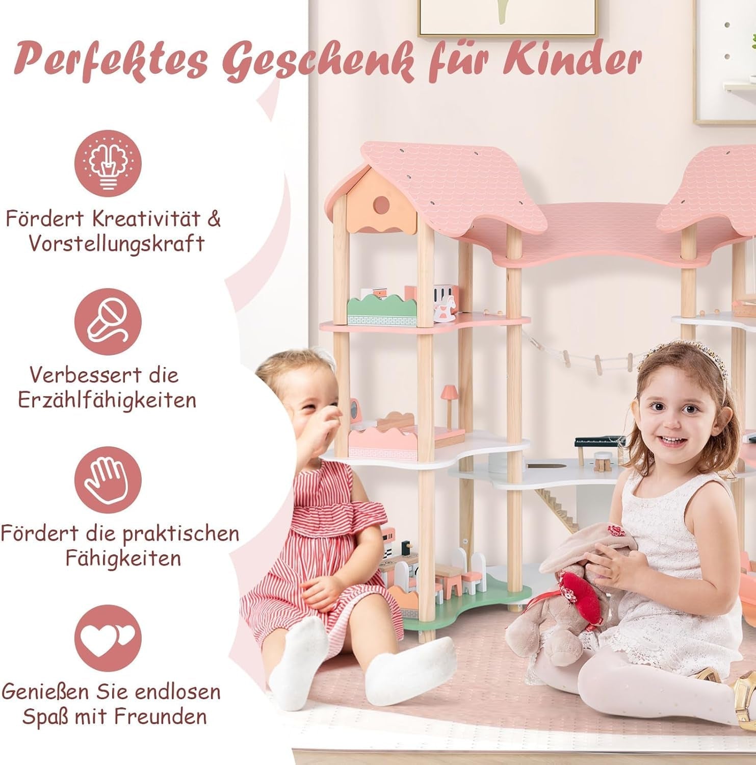 Casă de păpuși din lemn FANTASK, casă de păpuși de 85 cm înălțime 7 camere cu 32 de mobilier și accesorii, vilă de păpuși cu scară de frânghie, cadou de casă de păpuși pentru fete de la 3 ani (Model 3) Casute de papusi Naty Shop