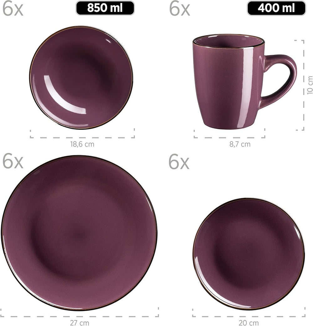 Service de table moderne pour 6 personnes avec bord en laiton, service combiné de 24 pièces en forme de tasse sans bord, lavande