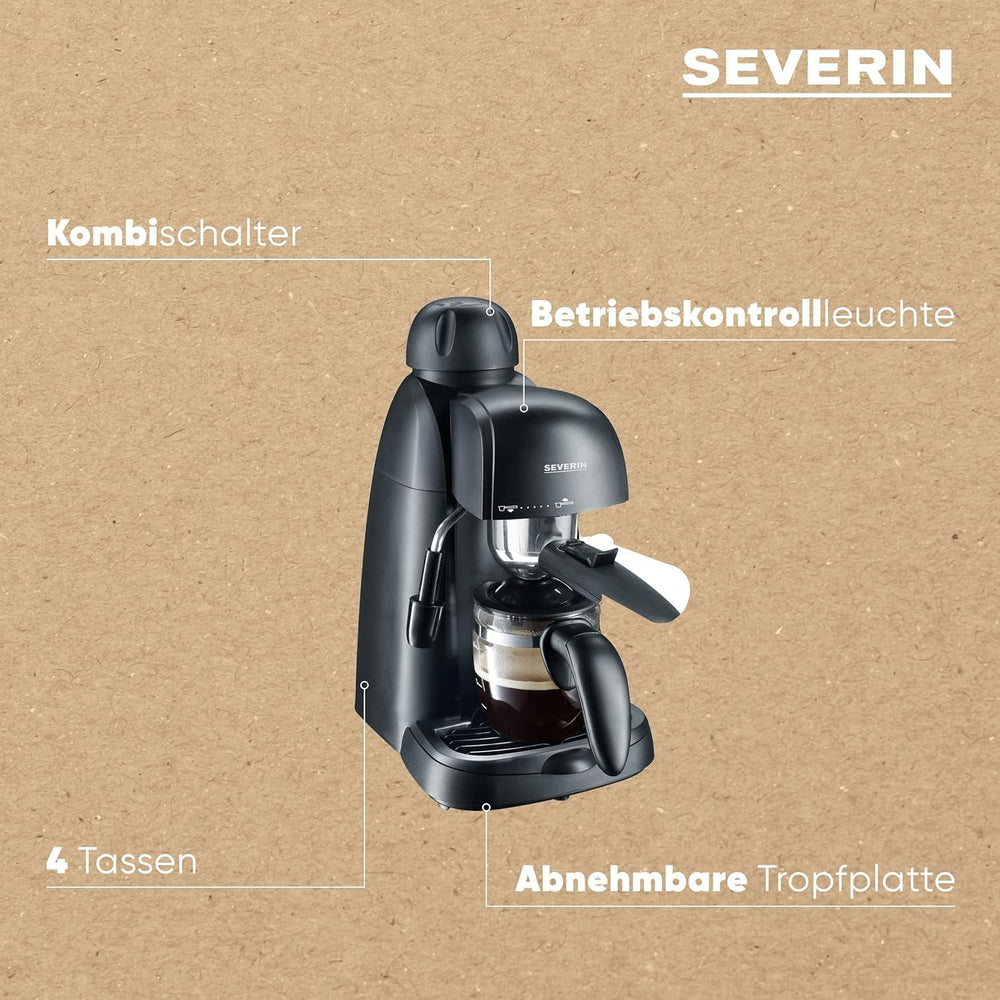 Machine à expresso SEVERIN KA 5978 (comprend un bol de service et une cuillère doseuse, jusqu'à 4 tasses) noir, Standard