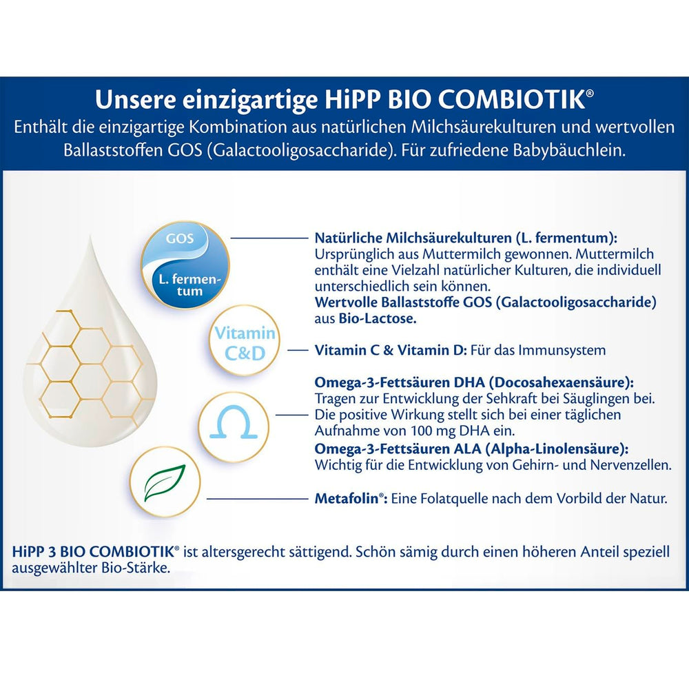 HiPP 3 Bio Combiotik (4 x 600g), lait de suite dès 10 mois, avec cultures naturelles d'acide lactique, vitamines C et D, GOS, Oméga-3 (DHA, ALA), de la meilleure qualité biologique
