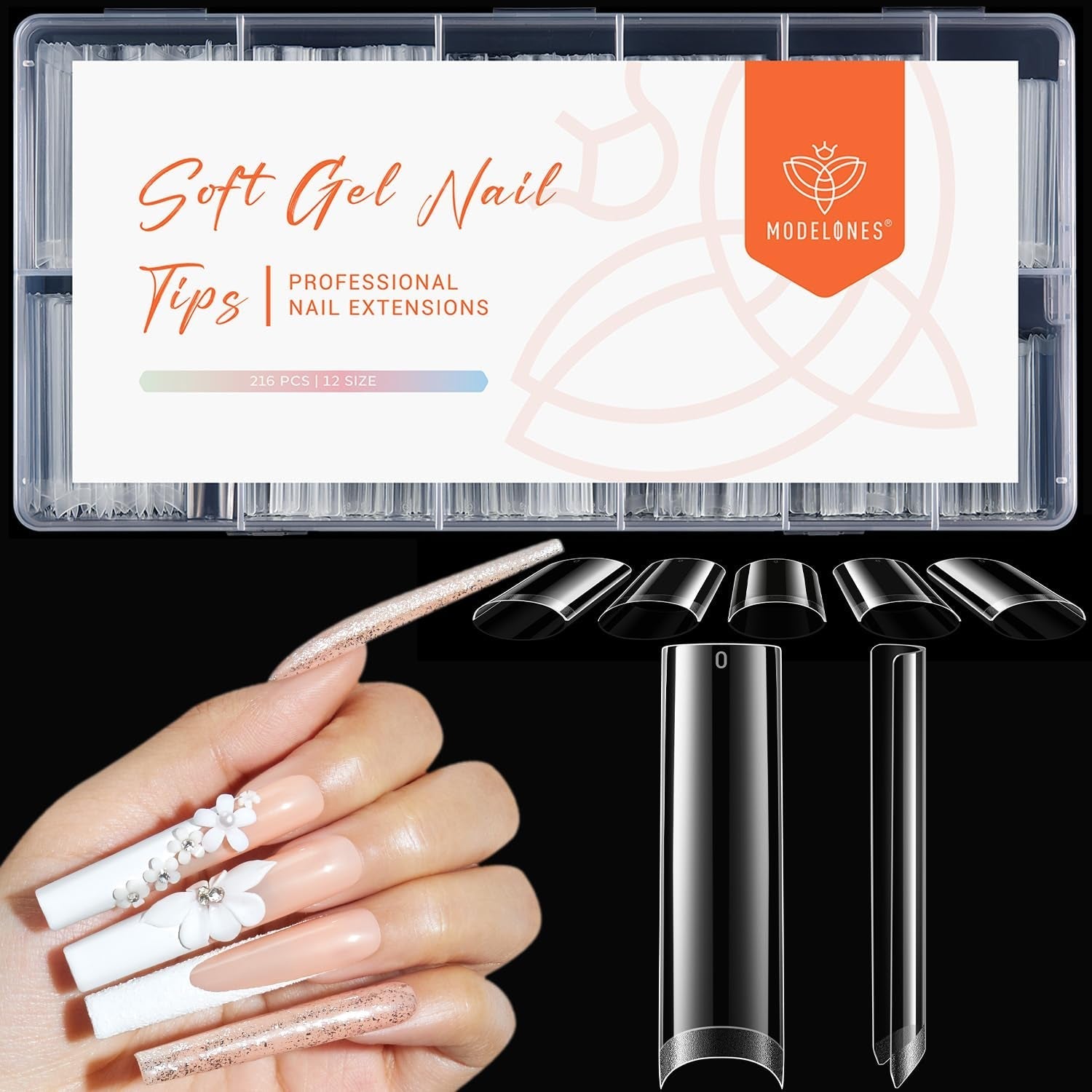 Modelones Nail Tips 216 pièces – Ensemble de pointes d'ongles à couverture complète, ensemble de pointes en gel souple, pointes d'ongles en résine PMMA pré-polissage, colle DIY sur ongles artificiels Nail Art, amandes courtes XS