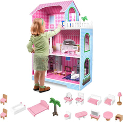 HENGMEI Puppenhaus Kinder Holz Puppenvilla Dollhouse Set Mädchen Spielset 3 Etagen House mit Möbeln und Zubehör, 70x30x100cm Puppenhäuser für Kinder (Typ B)