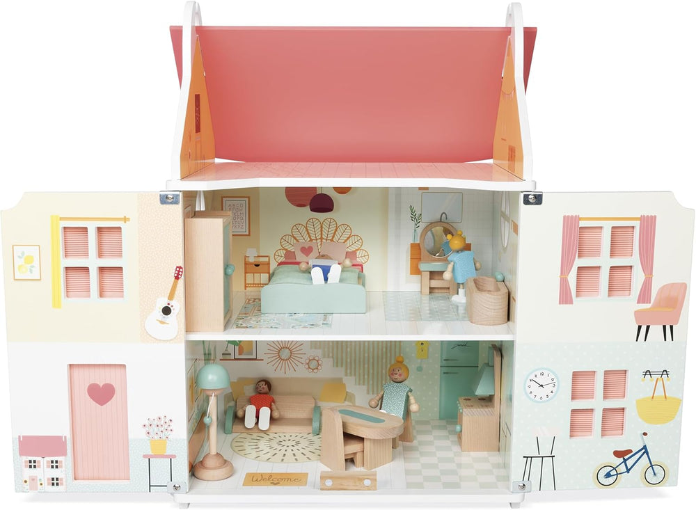Janod - Ma première maison de poupée en bois - 10 accessoires - Meubles de poupée - Portes magnétiques et toit amovible - Jouet en bois certifié FSC - 3 ans et plus