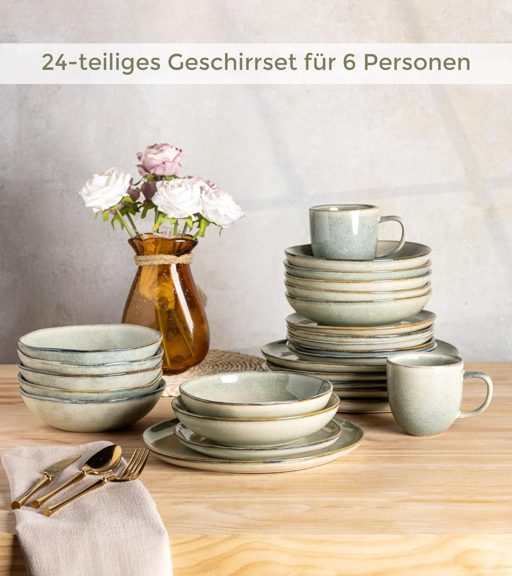 GBhome Service de table en céramique pour 6 personnes, 24 pièces, vernis réactif, fait à la main, passe au micro-ondes et au lave-vaisselle, ensemble de bols et d'assiettes Desret Sage GDW007GY-24P-EU
