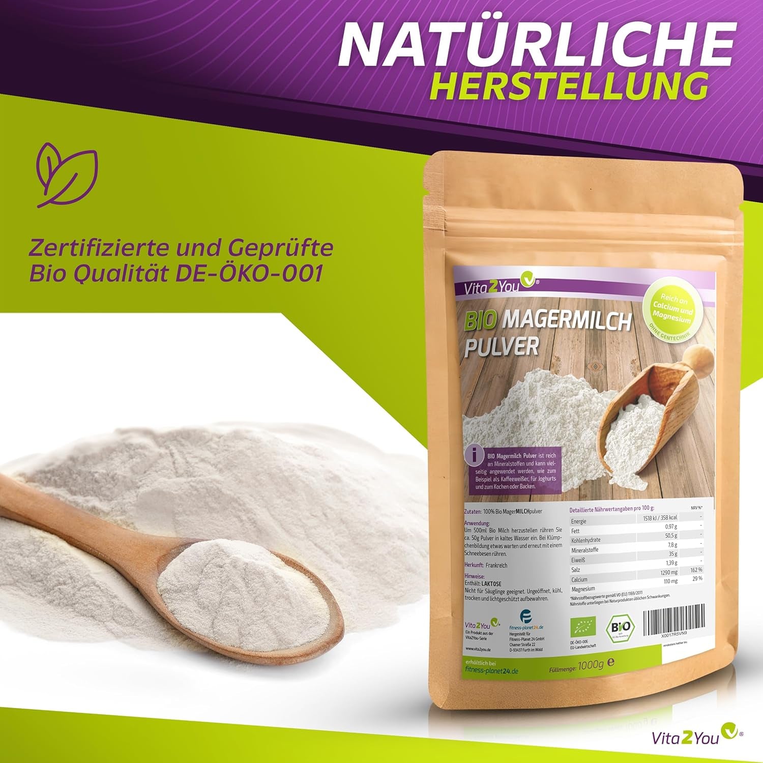Vita2You Bio Lait écrémé en poudre 1000g - 100% Bio Qualität - pour la pâtisserie - Kaffeeweißer - Milchpulver für Joghurts - 1kg - Premium Qualität