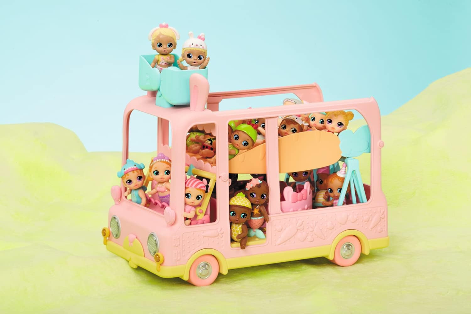 BABY born 904763 Baby Surprise Bus - mini bus jouet pour poupée rose avec 2 poupées exclusives, poussette triple, balançoire, carrousel, toboggan et balançoire triple.