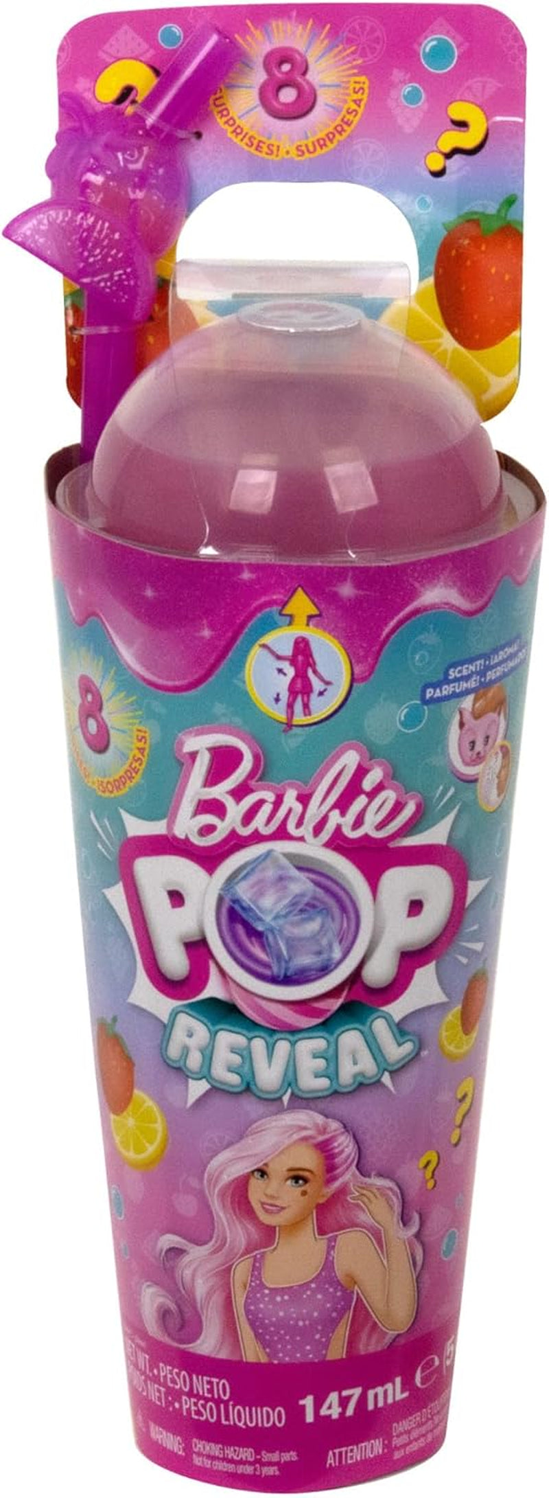 Barbie Pop Reveal Fruit - Poupées surprises avec 8 surprises fruitées, dont une poupée positionnable parfumée à la limonade aux fraises et un chiot moelleux, à partir de 3 ans, HNW41