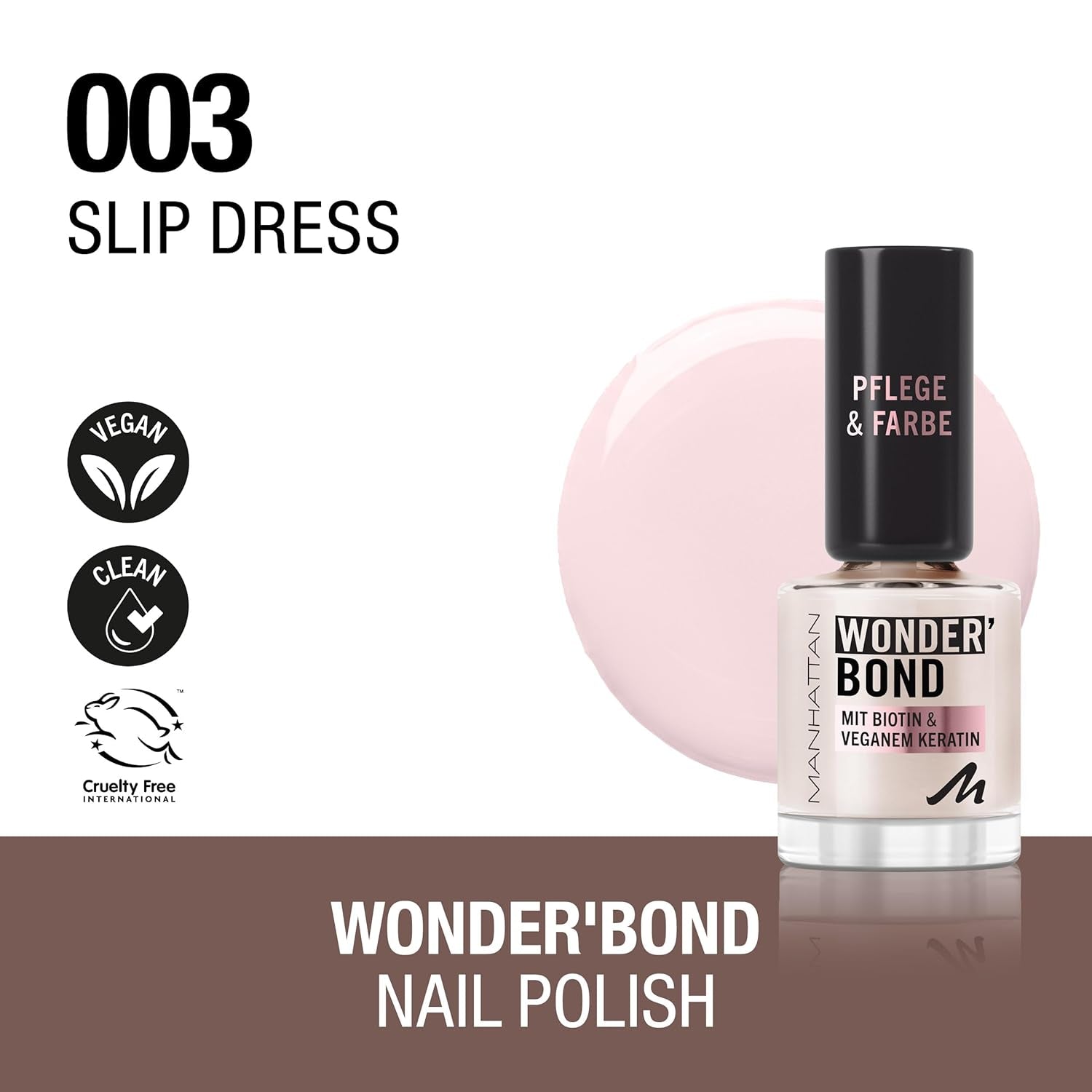 Oja MANHATTAN Wonder'Bond Color & Care, vegană și fără cruzime, formulă modulabilă cu biotină și keratină vegană, ușor de aplicat, nuanța 003 Slip Dress, 12 ml