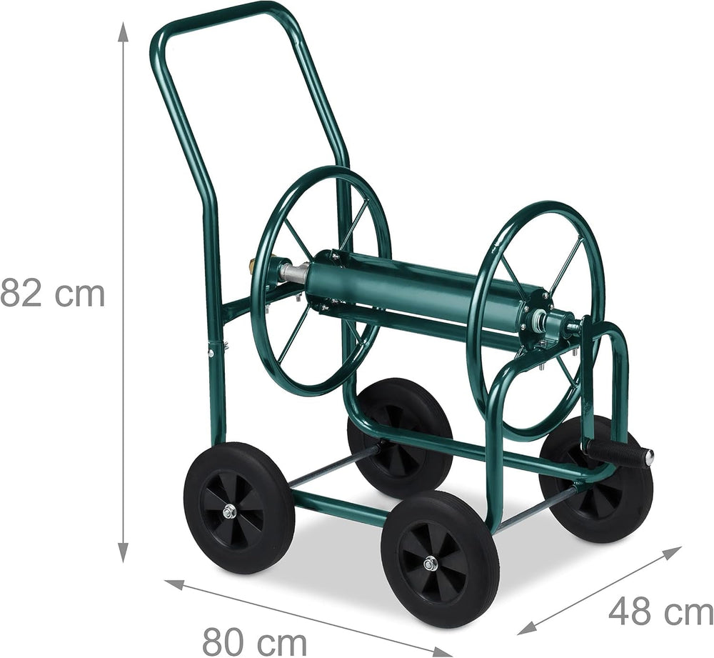 Relaxdays Dévidoir Jusqu'à 60 M 4 Pneus En Caoutchouc Plein Accouplement Click Enrouleur De Tuyau En Métal Dévidoir De Tuyau Vert