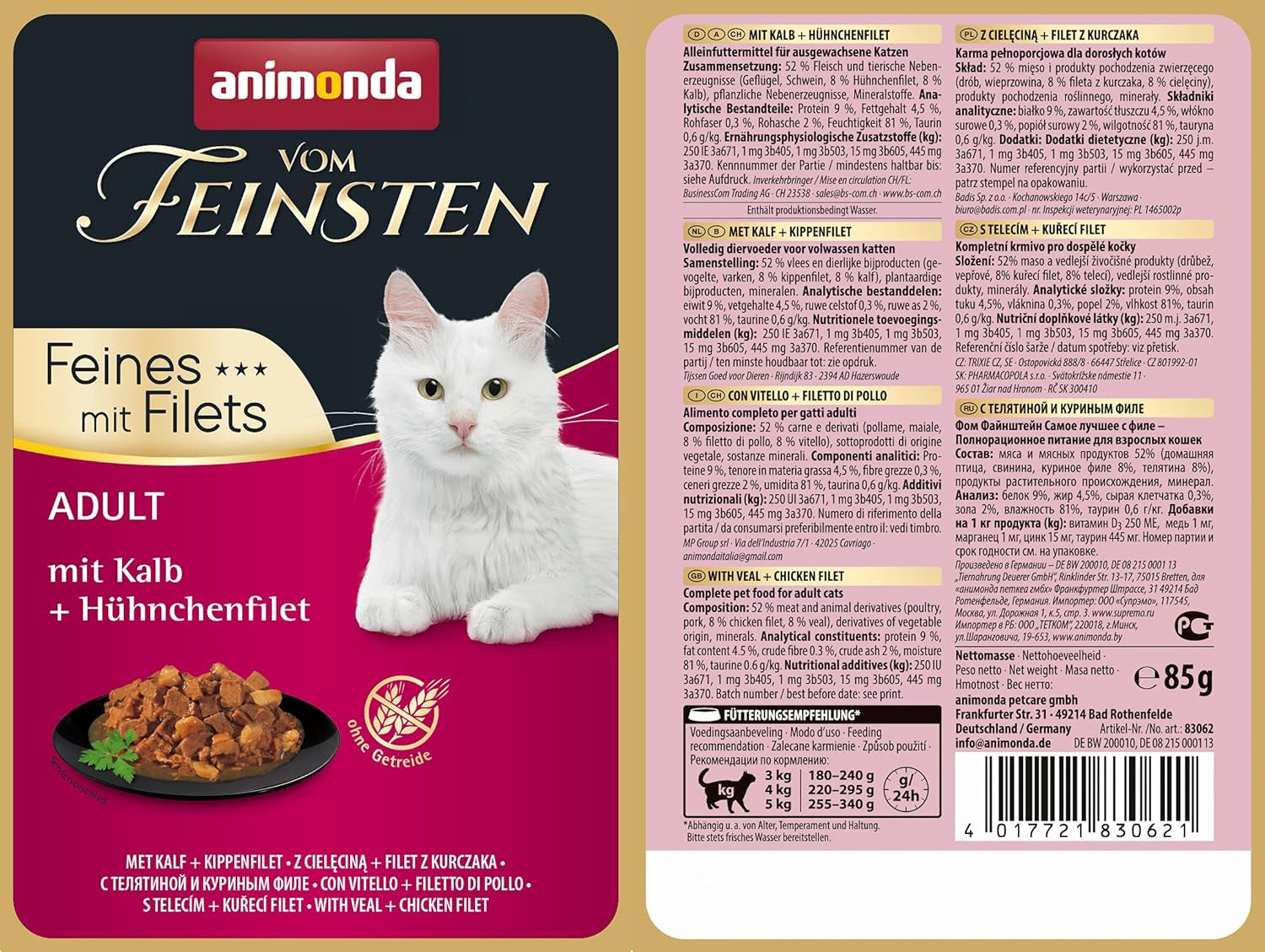 animonda vom Feinsten mit Filets, Katzenfutter nass mit Kalb + Hühnchenfilet, 18 Portionsbeutel (18 x 85g), getreidefreies Katzen Nassfutter ohne Zucker, mit fleischigen Ingredient