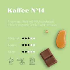 Expresso | Café n° 14 biologique du Pérou décaféiné (250 g) par ACHT58 - Arabica péruvien pur d'origine unique - Procédé à l'eau suisse - Sirop d'érable, pralines et chocolat au lait