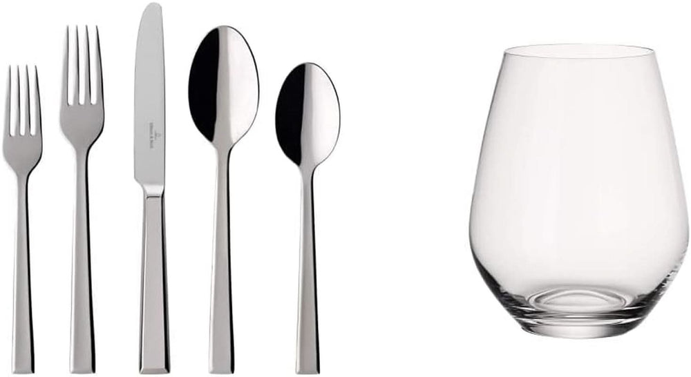 Villeroy & Boch - Ménagère en acier inoxydable Victor, 30 pièces pour 6 personnes Kitchen Naty Shop Package avec 30 pièces de verres à eau