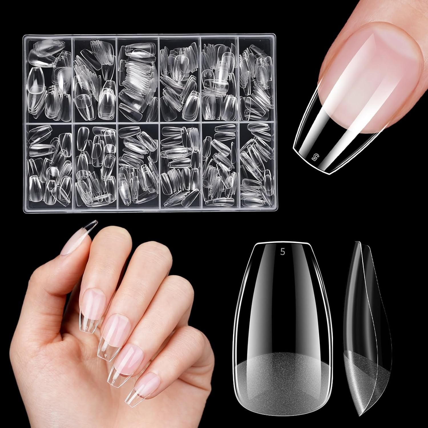 Ongles artificiels courts 500 pièces bouts d'ongles à couverture complète en gel souple pour ongles en gel 12 tailles bouts d'ongles pré-polis pour ongles en gel Ongles artificiels courts Extensions d'ongles de cercueil avec boîte