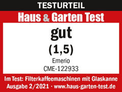 Emerio CME-122933, Cafetière filtre, 1,25 L pour jusqu'à 10 tasses de café frais, filtre amovible permanent, fonction anti-goutte, carafe en verre, arrêt automatique, 1000 watts, noir/argent