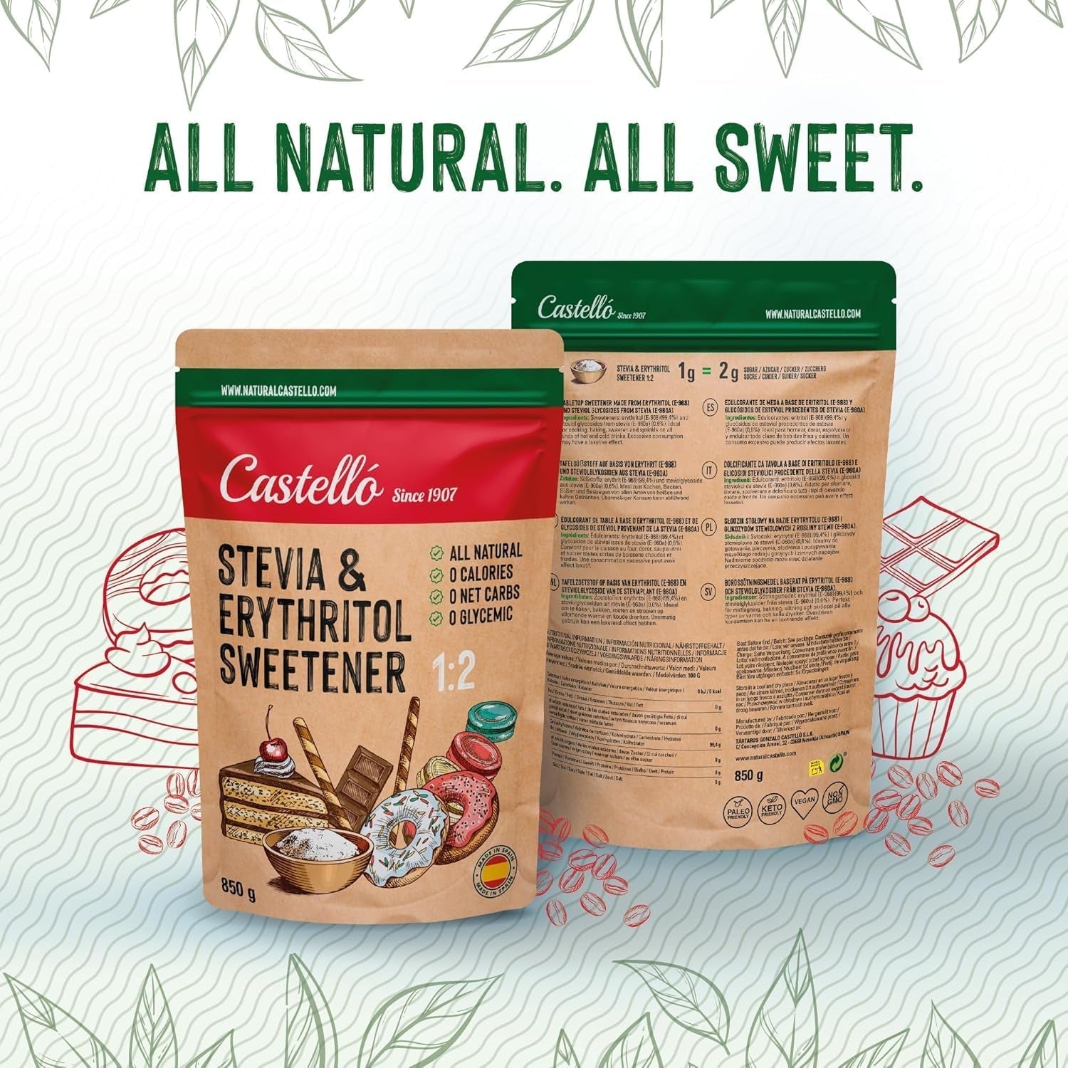 Stevia + Erythritol 1:2 Tissu sucré | 1G = 2G Zucker | Ingrédients 100% naturels - 0 calories - 0 indice glycémique - Keto et Paleo - 0 netto-khlenhydrate - Kein GVO - Castello depuis 1907 - 850 G Édulcorants Naty Shop