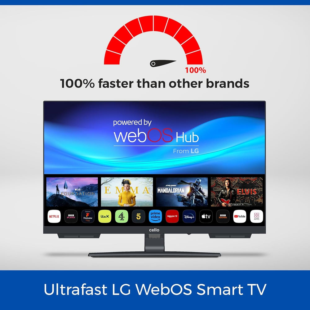 Televizor inteligent Cello C2224WSH de 22 de inci, fără ramă, alimentat de la rețea, LG WebOS, Freeview Play, FreeSat, Bluetooth, difuzoare Pitch Perfect, ideal pentru bucătărie, dormitor sau camere mici