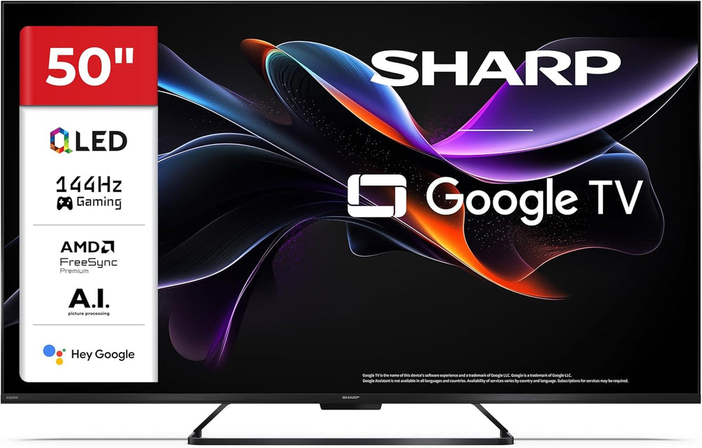 SHARP 50HR7365E – Google TV, 50" UHD, fără ramă, 144 Hz, QLED, HDR10, Dolby Vision HDR, Asistent Google cu microfon, Chromecast, Bluetooth, Dolby Atmos 2x12 W, HDMI 2.1 x4, USB x2, Culoare Negru