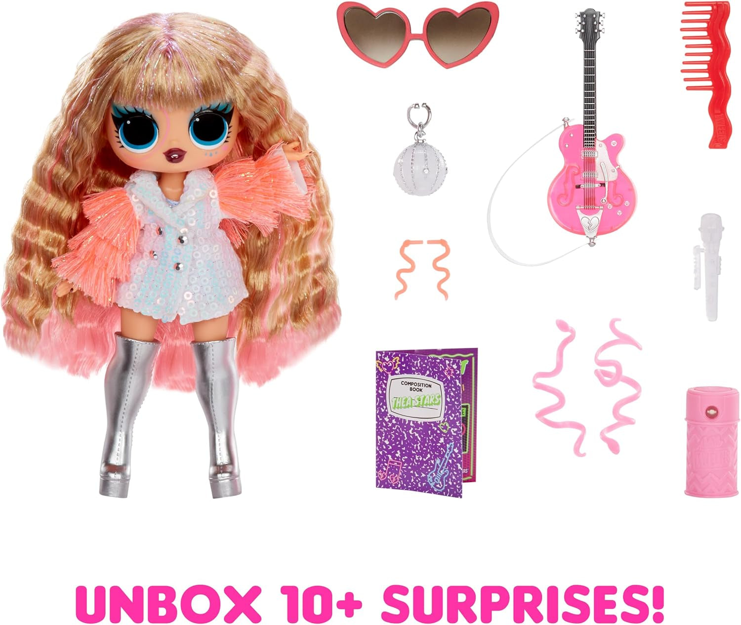 Mdr Surprise ! Tweens Neon Pop Stars - Thea Stars - 1 poupée mannequin avec des surprises rétroéclairées et plus de 10 vêtements et accessoires Pop Star, dont sa guitare rose vif, cadeau pour les enfants à partir de 4 ans