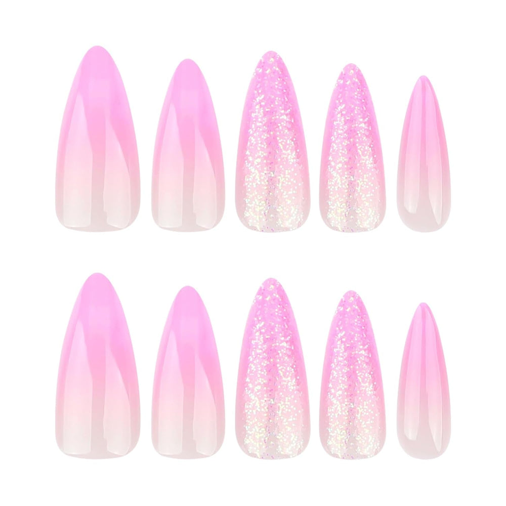 Moonglow longs ongles Stiletto laiteux blanc rose dégradé paillettes Cool faux ongles avec colle rose Ombre paillettes ongles artificiels
