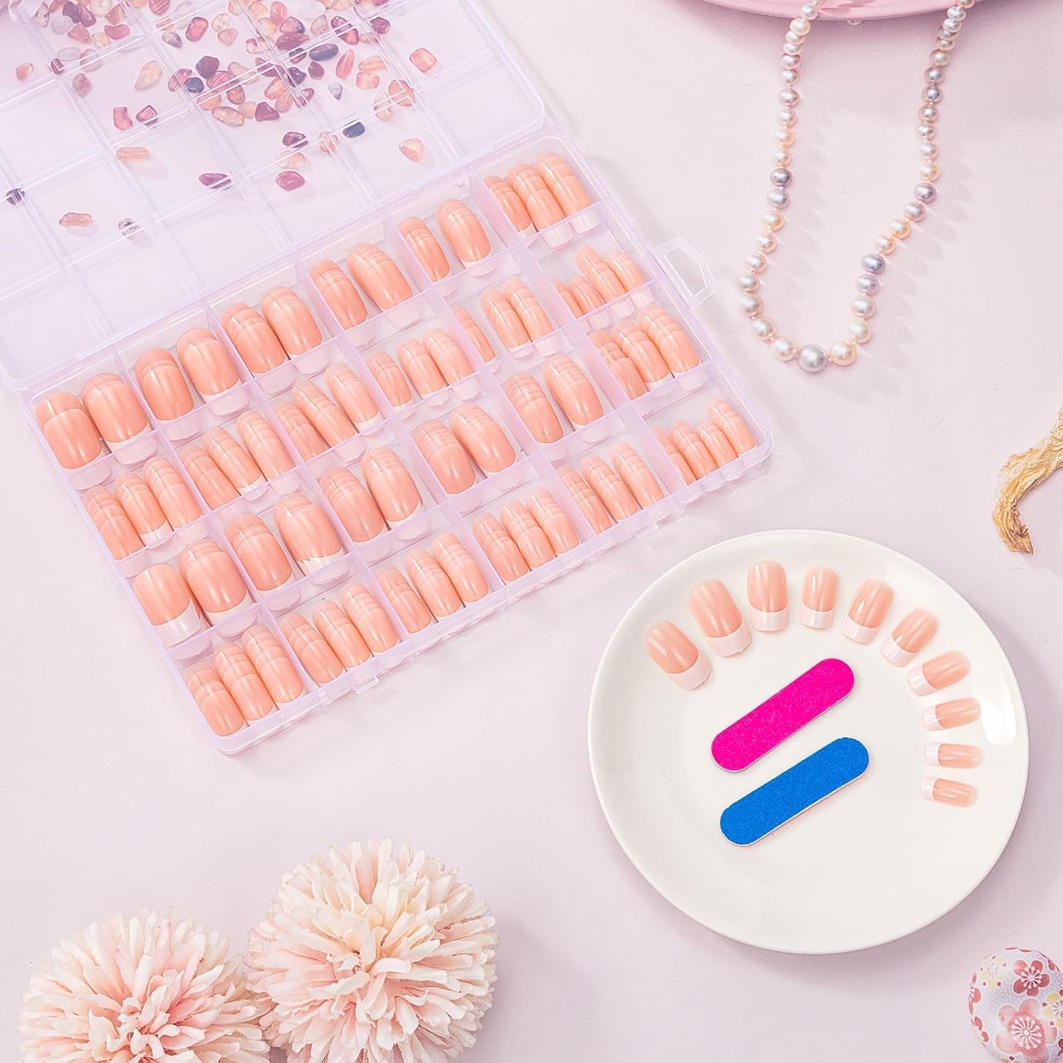 360 de bucăți unghii artificiale franțuzești, unghii false dreptunghiulare medii, false, naturale, DIY, vârfuri false cu pilă de unghii, pentru doamne și femei