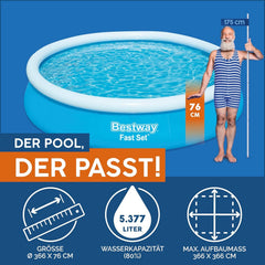 Piscină Bestway Fast Set, fără pompă, albastră, 366 x 76 cm, fără accesorii