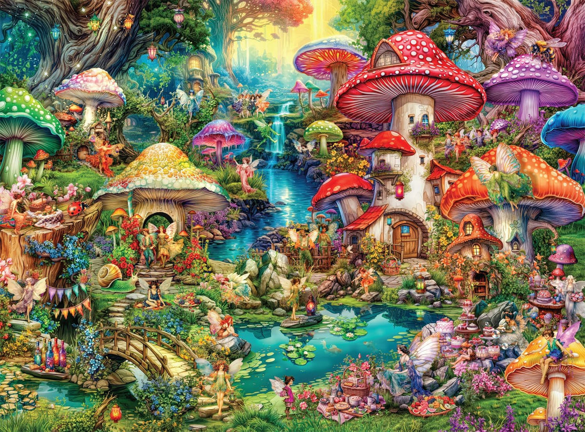 Buffalo Games - Aimee Stewart - Merry Mushroom Village Picnic - Puzzle de 1000 pièces pour adultes, puzzle stimulant, parfait pour les soirées de jeux - Taille prête à l'emploi 26,75 x 19,75 cm Puzzle Naty Shop Titre par défaut