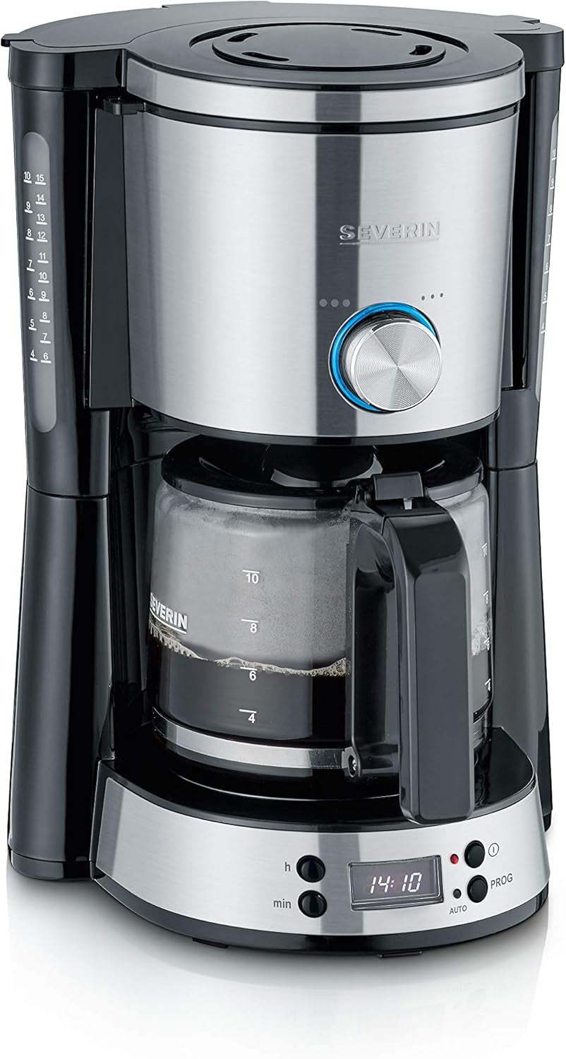 Machine à expresso SEVERIN "TypeSwitch" avec carafe en verre et minuterie, AromaSwitch pour choisir 2 options de préparation, horloge numérique avec fonction minuterie, pour jusqu'à 10 tasses, 1000W, acier inoxydable brossé-noir, KA 4826