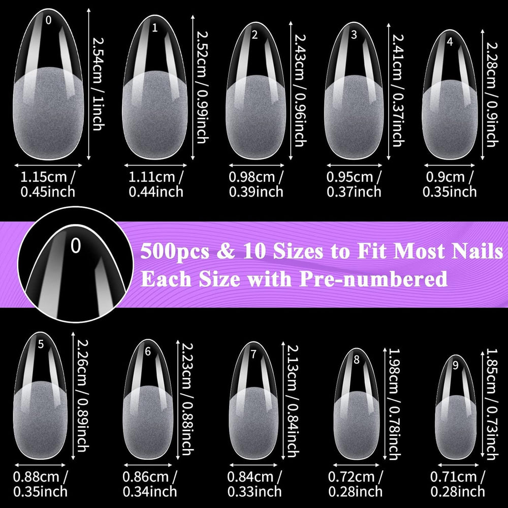 Becellen 500pcs Conseils d'ongles artificiels, Conseils d'ongles en gel souple, Couverture complète, Conseils d'ongles en gel, Ongles artificiels pré-polis, Ensemble de colle DIY Nail Art (Amandes)