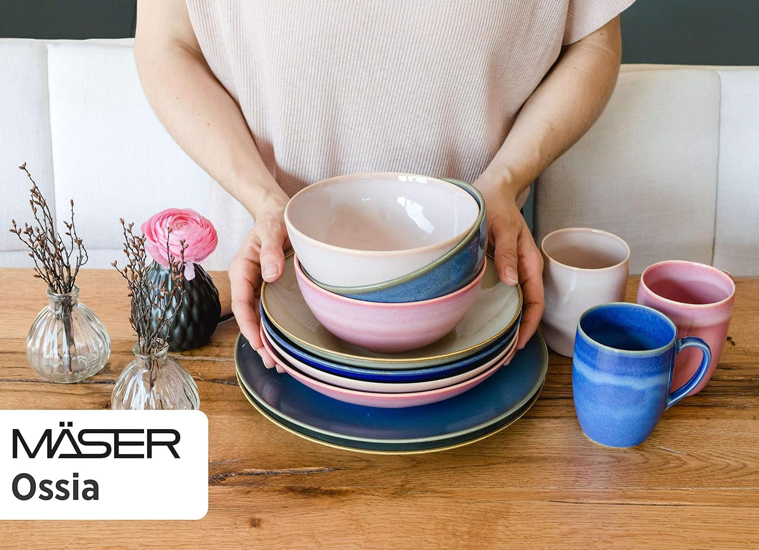 MÄSER 931734 Ossia, Teller-Set für 6 Personen im mediterranen Vintage-Look, 12-teiliges modernes Tafelservice mit Suppentellern und Speisetellern in sandigem Grau, Keramik, Sandgrau