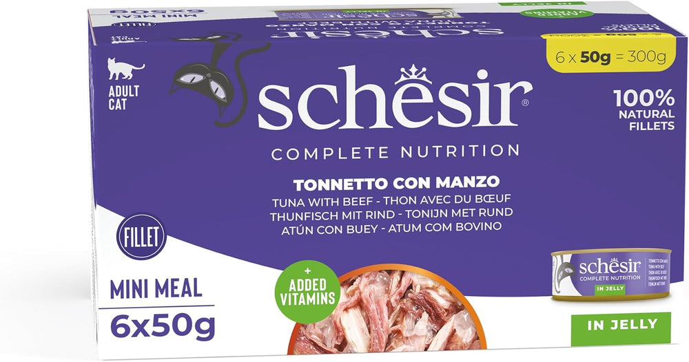 Jeleu pentru pisici cu ton și vită, hrană umedă pentru pisici în jeleu, 8 x 6 conserve x 50 g