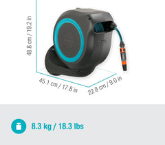 Boîte de tuyau murale Gardena RollUp M (Turquoise) 20 m : arrosage flexible pour jardins de taille moyenne, enrouleur de tuyau rotatif, avec support mural, composants du système et buse de pulvérisation, avec tuyau de 20 m (18610-20)