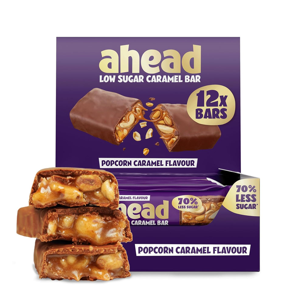 Barres de chocolat au caramel et aux noisettes à venir | 12 tablettes de chocolat x 35 g sans sucre ajouté | 1,9 g de sucre par barre | Goût croquant de noisette et de caramel | Bonbons à faible teneur en glucides | Pas d'huile de palme