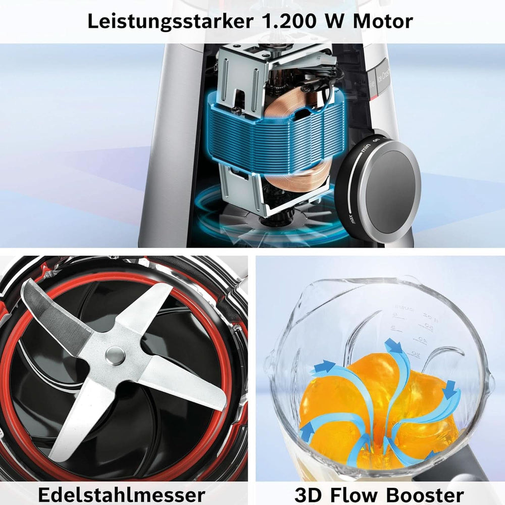 Bosch Batteur sur socle Vitapower Serie 4 MMB6172S, Edelstahl-Klingen, 1,5L Thermosafe Glasbehälter, Stopfer, Spülmaschinengeeignete Teile, 30 000 U/Min, 1200 W, Argent Mère et Enfant Naty Shop